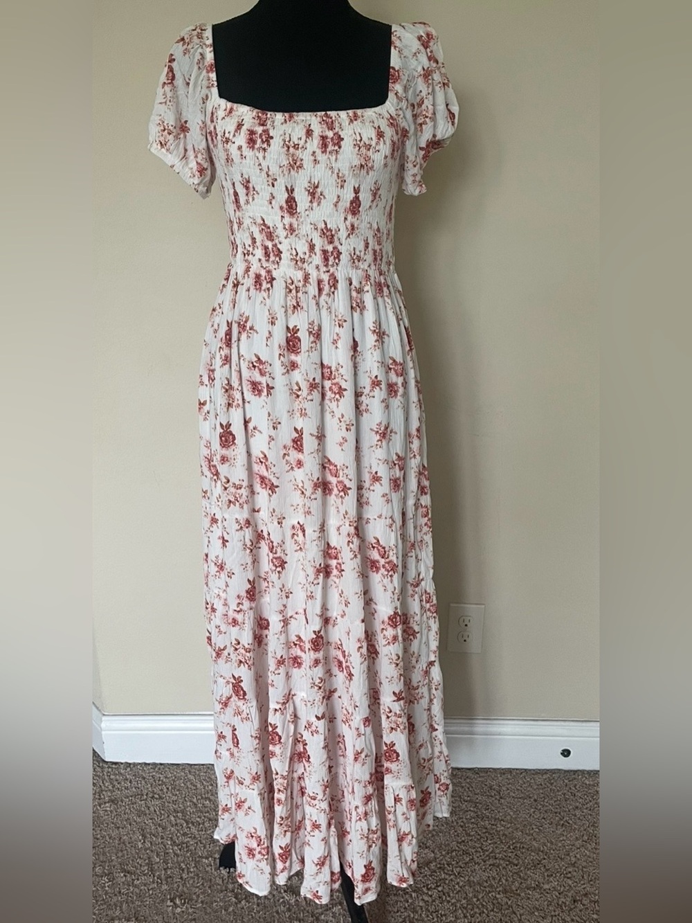 White Maxi Dress with Rose Floral Print and Smocked Bodice